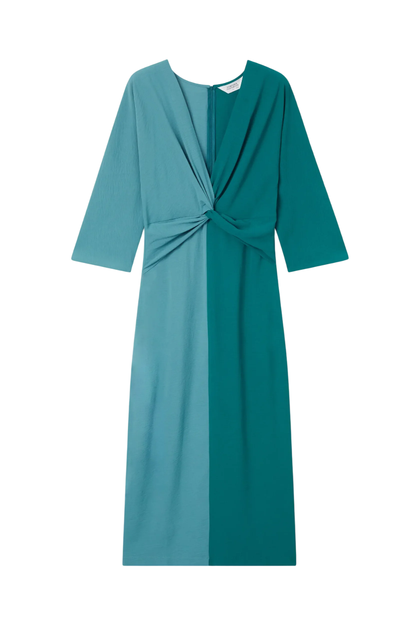 Vestido largo drapeado verde y azul