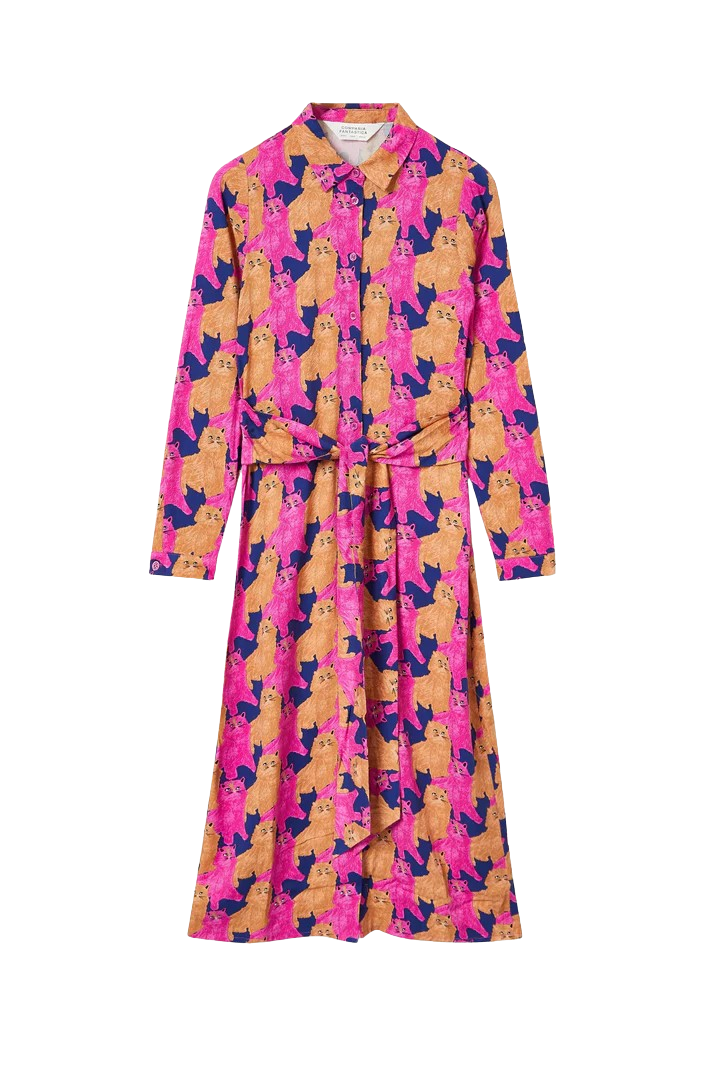 Vestido midi camisero con estampado de gatos