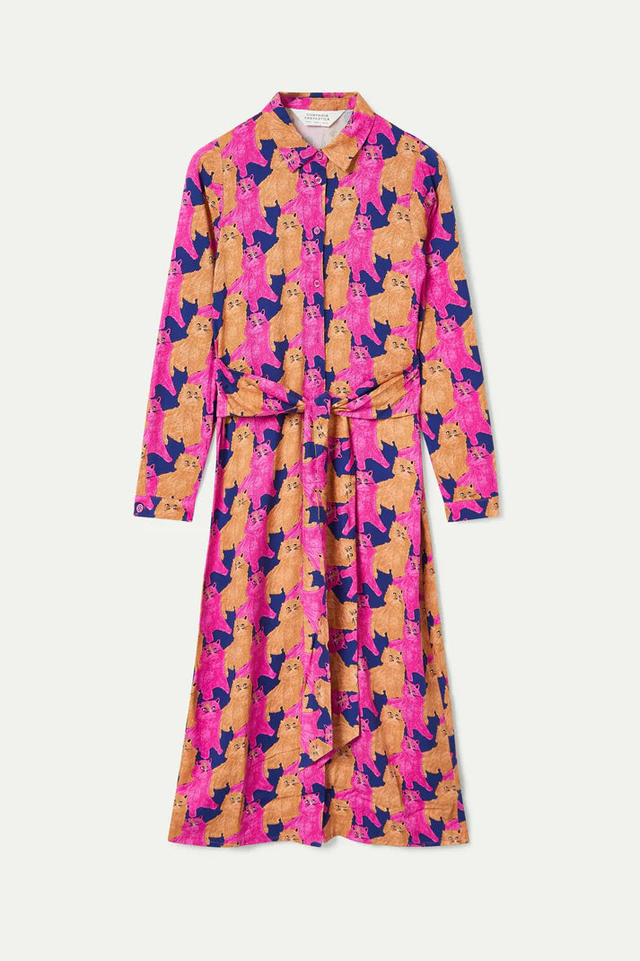 Vestido midi camisero con estampado de gatos