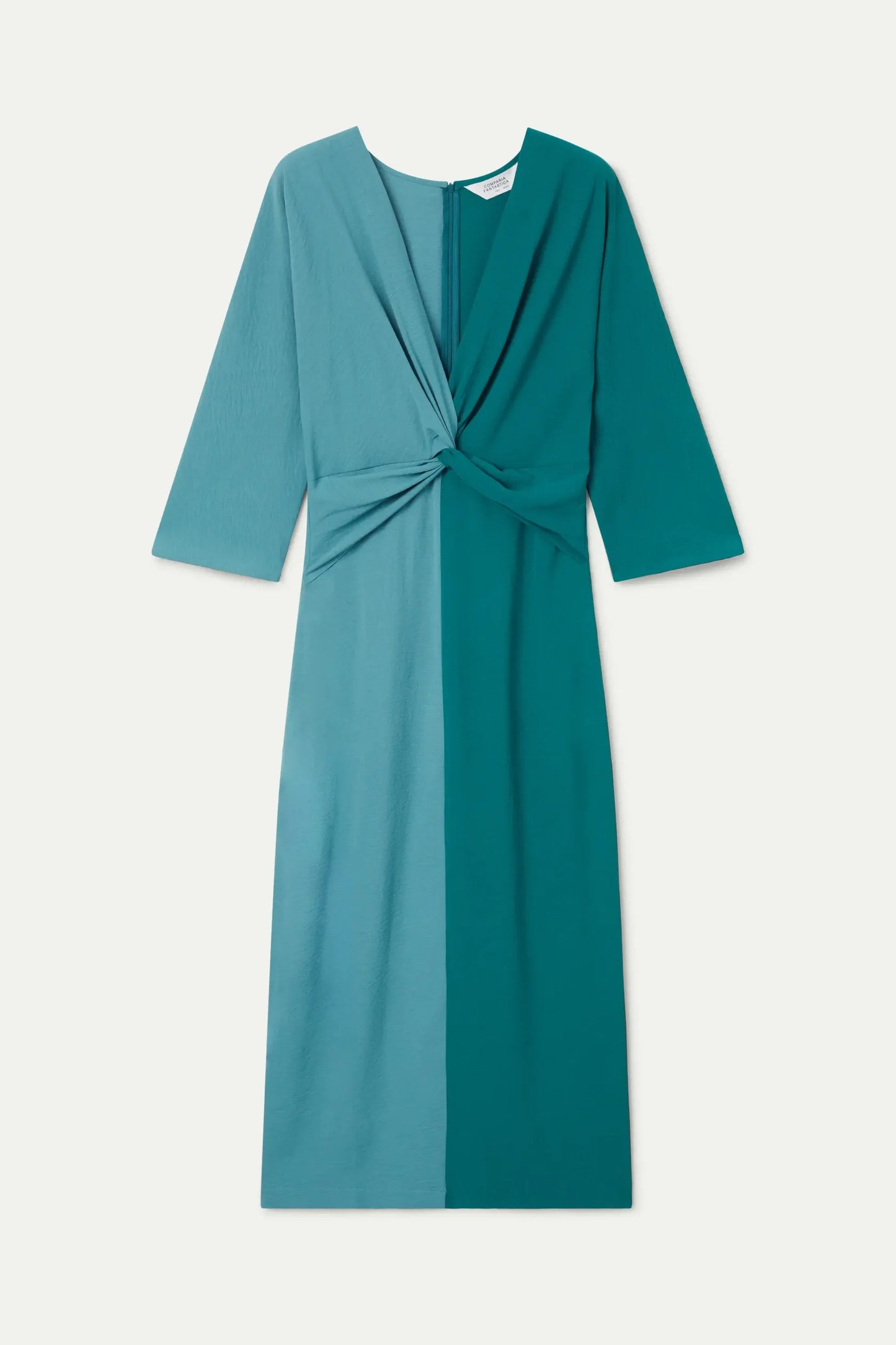 Vestido largo drapeado verde y azul