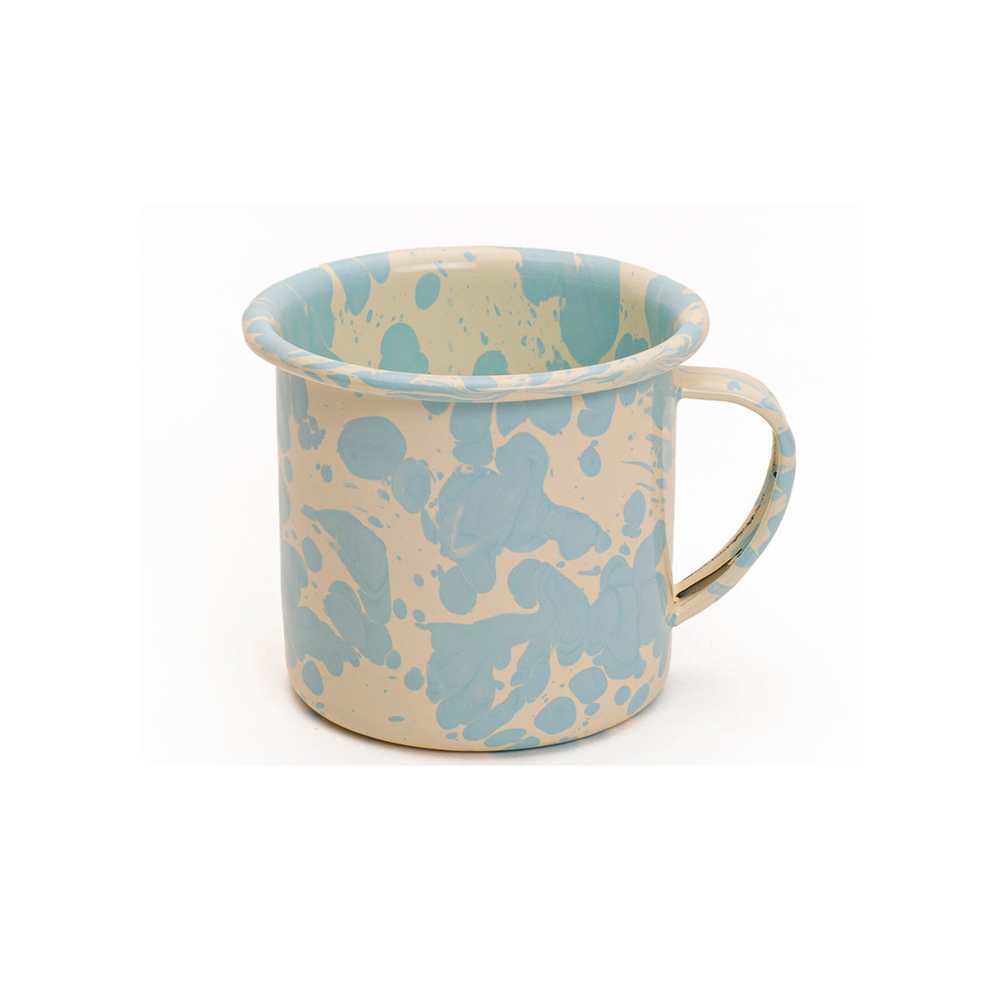 TAZA DE PELTRE BLANCA CON MANCHAS AZULES