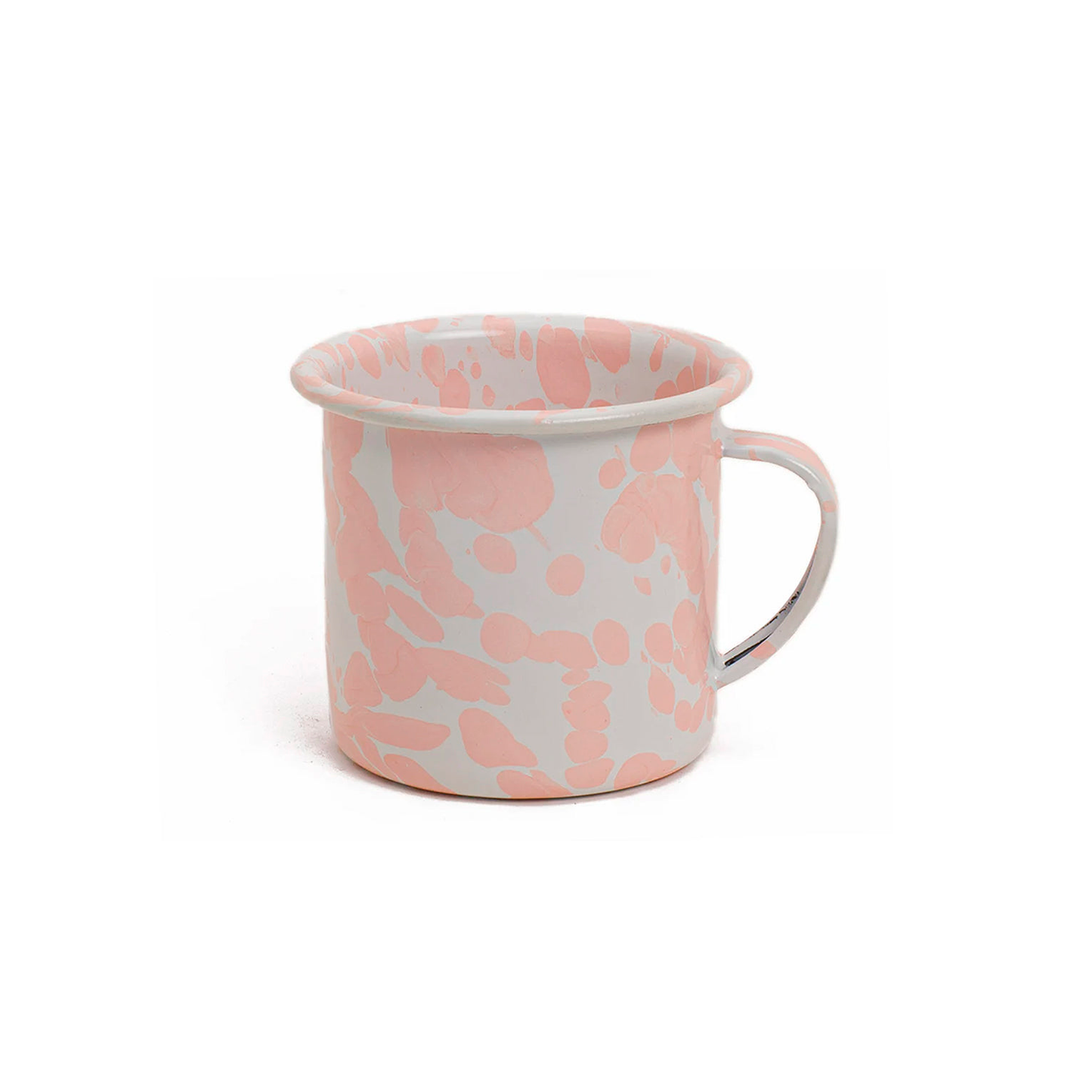 TAZA DE PELTRE BLANCA CON MANCHAS ROSAS